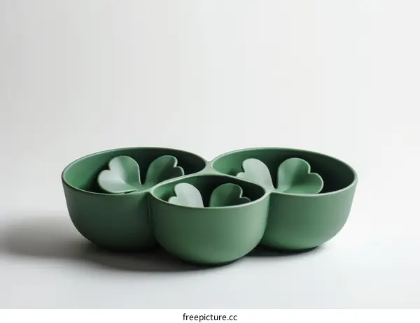 Three-part green plastic clover-shaped bowl