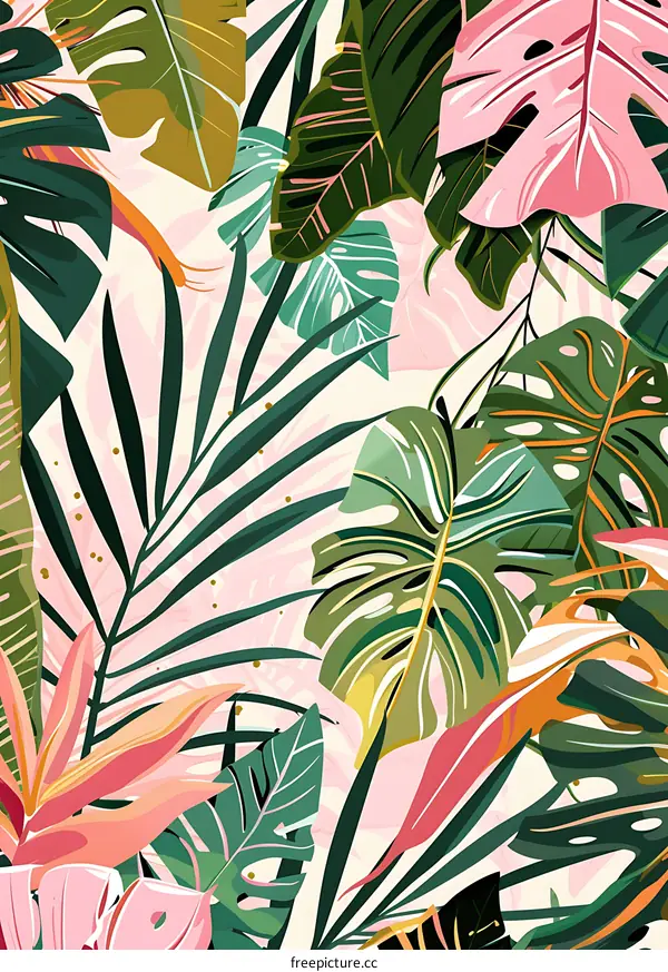 Tropical Leaves Seamless Pattern Digital Illustration