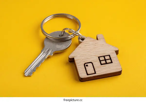 House Key and Keychain Home Symbol on Yellow Background