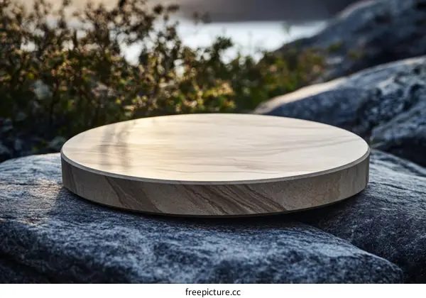 Round Wooden Cutting Board on Rocks Outdoor