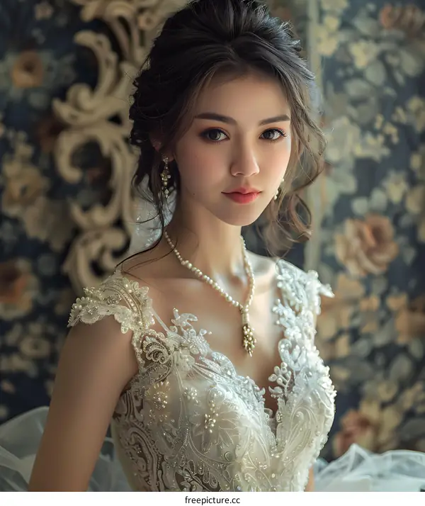 Vietnamese bride in lace wedding dress