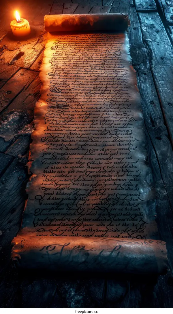 An ancient spell written on a scroll with a candle nearby
