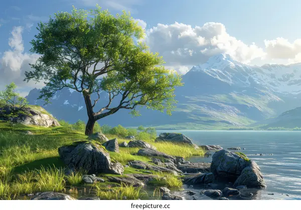 Fantasy mountains and lake scenic landscape with reflections