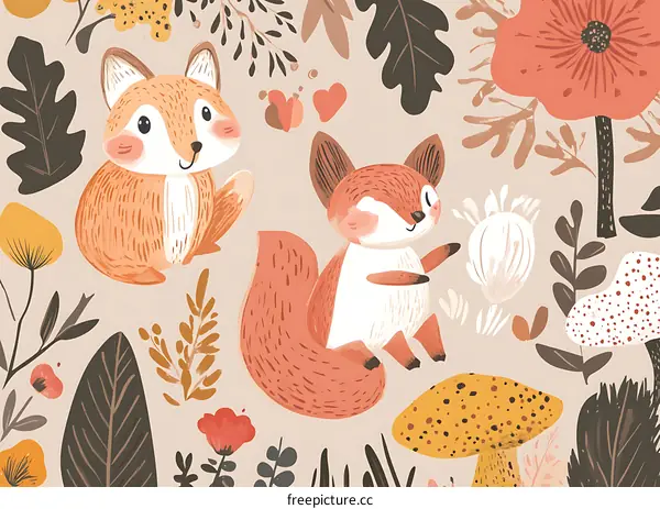 Cute Foxes with Floral Background
