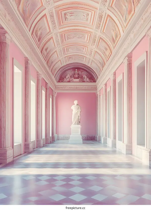 Pink Hallway with White Marble Statue