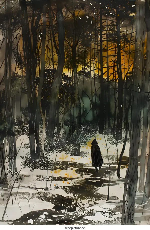 Man Walking Through Winter Forest Illustration