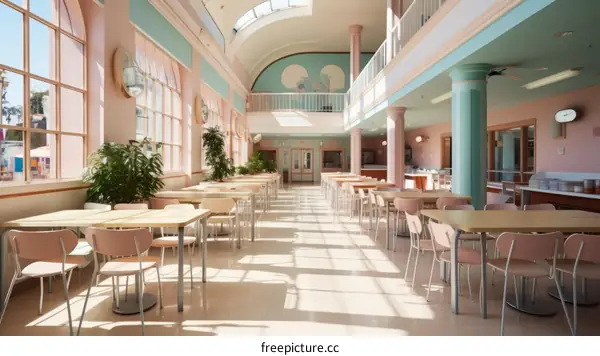 An empty cafeteria with pink and blue walls and arched windows