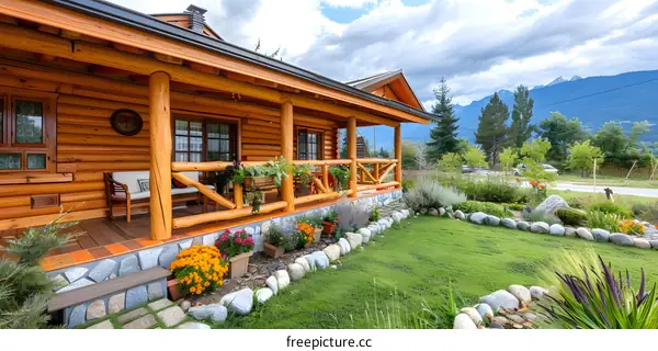 Wooden house with front porch and garden