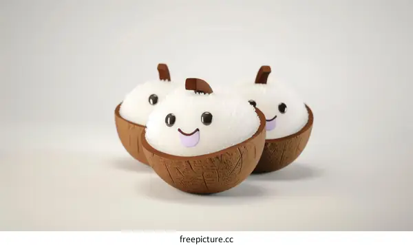 Three cute cartoon coconuts