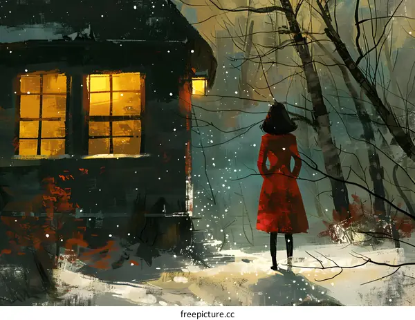girl in red coat looking at a house in the woods