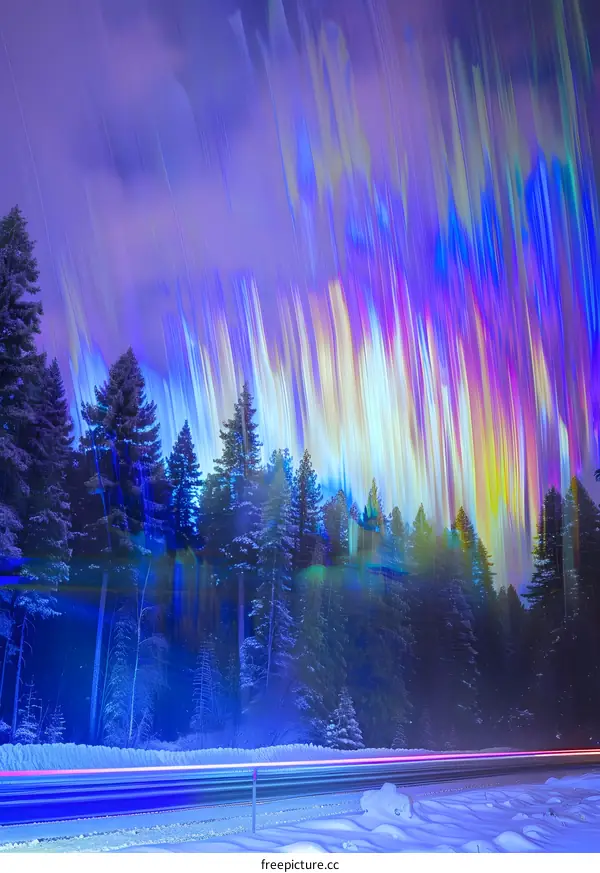 Night Sky Aurora Borealis Over Snowy Forest