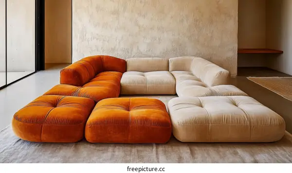 Modern Modular Sectional Sofa Set in Orange and Beige