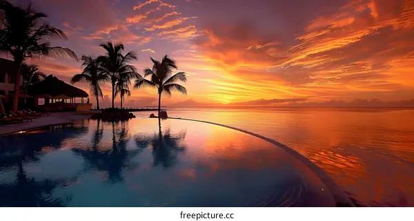 Palm trees and the setting sun reflect in the calm water of an infinity pool