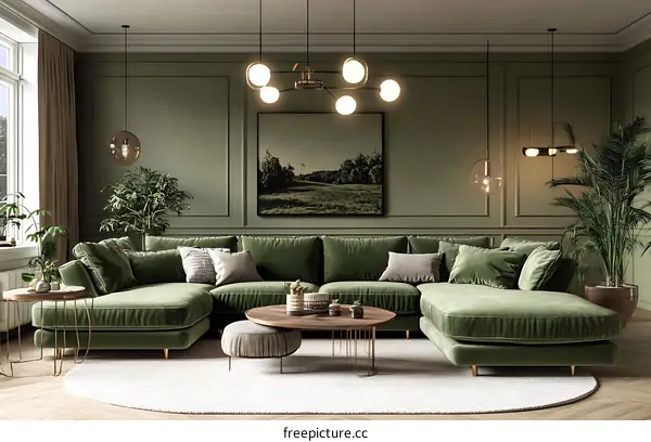 Modern Green Velvet Sectional Sofa Living Room Design
