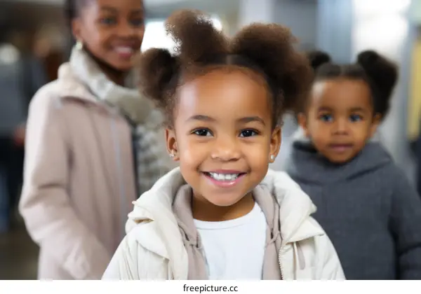 A young girl with two ponytails smiles at the camera while two other girls stand in the background