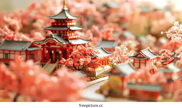 Miniature Japanese Town with Traditional Architecture and Cherry Blossoms