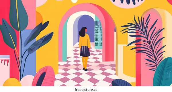 Woman Standing in a Colorful Hallway