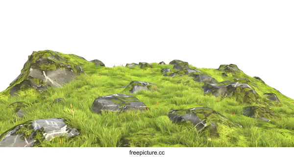 [Transparent Background PNG]Green Grass and Moss Covered Rocks Isolated on White Background
