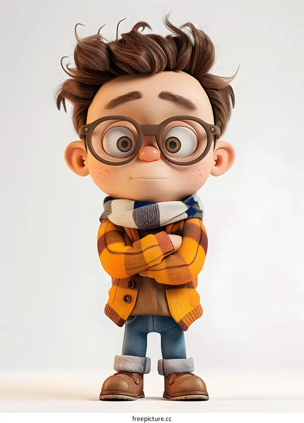 3D cartoon character of a boy with glasses and a scarf