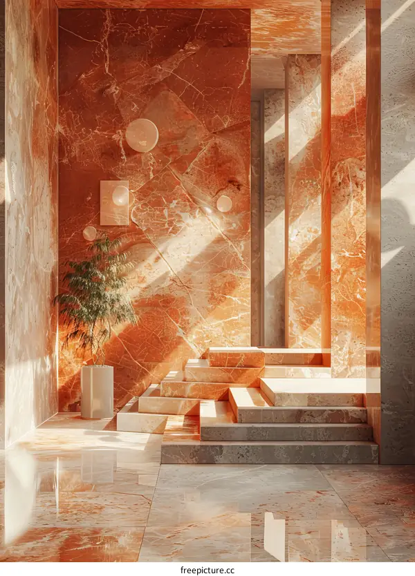 Pink marble room with stairs and plant