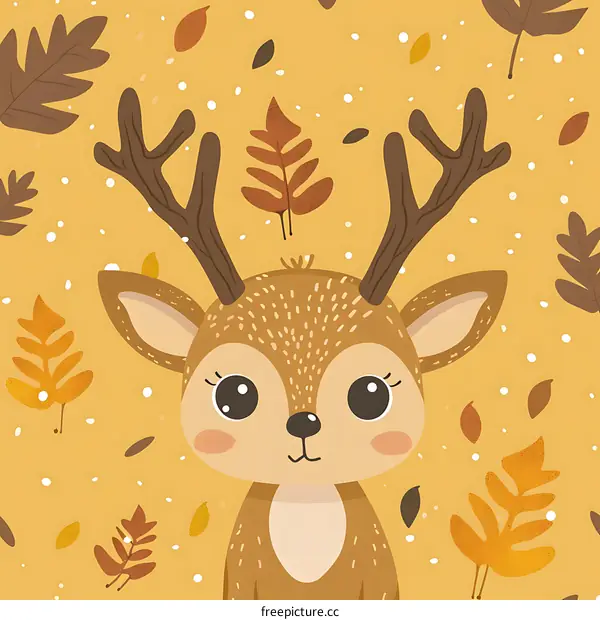 Cute Cartoon Deer with Autumn Leaves