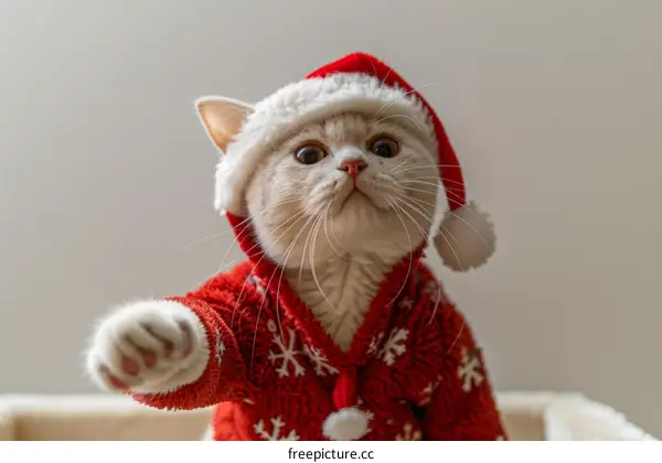 A cute cat wearing a Santa hat is reaching out its paw