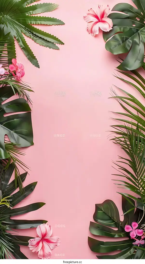 Pink Background with Green Tropical Leaves