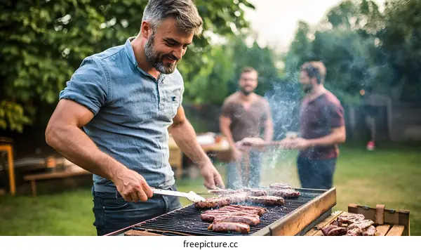 Man Grilling Meat For Friends In Backyard