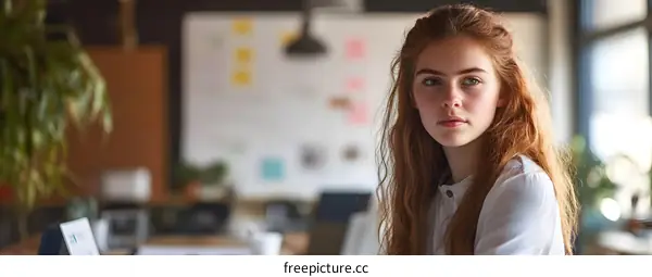 Young Woman With Red Hair Looking At The Camera In A Modern Office