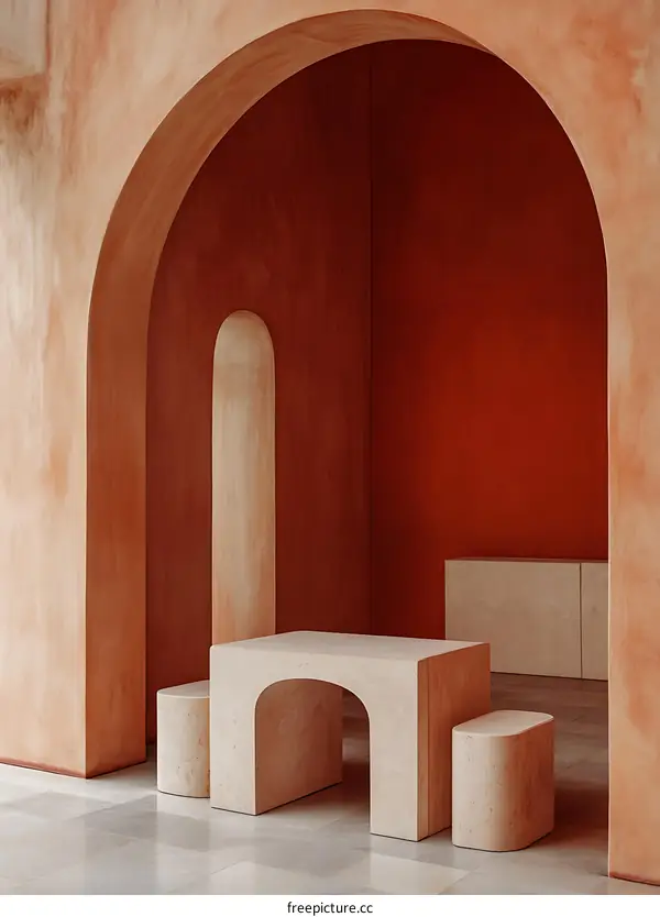 Minimalist Interior Design with Arched Walls and Stone Furniture