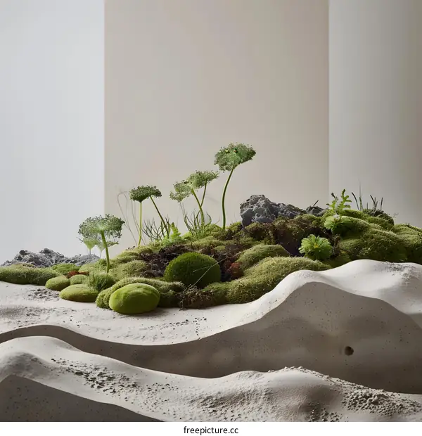 Green Moss and Plants in a Minimalist Landscape