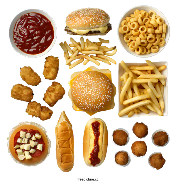 [Transparent Background PNG]Fast Food Feast: Burgers, Fries, Chicken Nuggets, and More