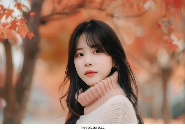 Asian Woman in Autumn Leaves