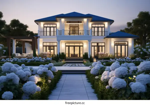 Modern Two-Story Villa with Lush Garden at Dusk