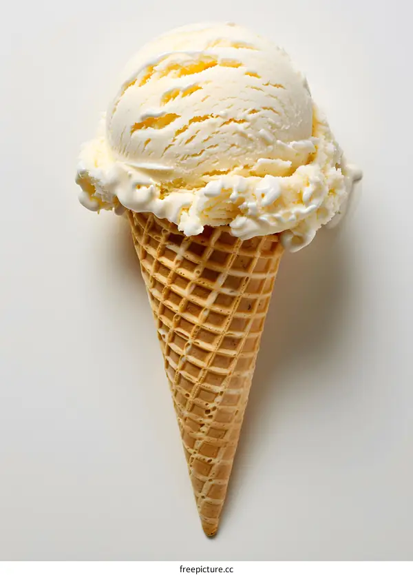 Vanilla ice cream in waffle cone on white background