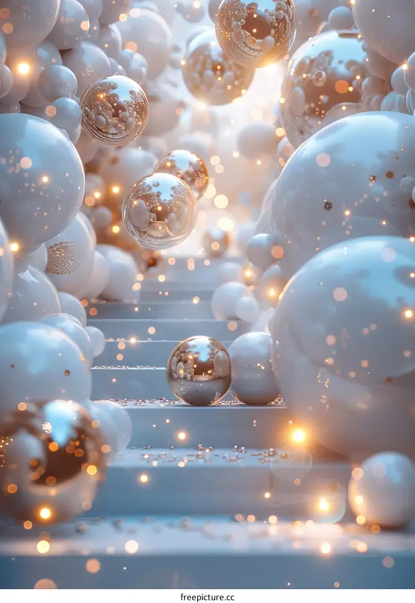 Abstract Christmas Stairway with Shiny Balls