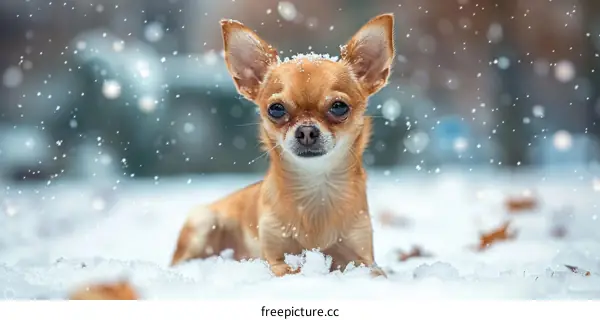 A cute chihuahua dog enjoys the snowy weather