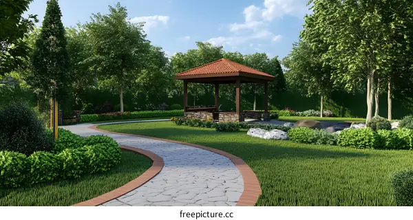 Landscaped Garden with Stone Pathway and Gazebo