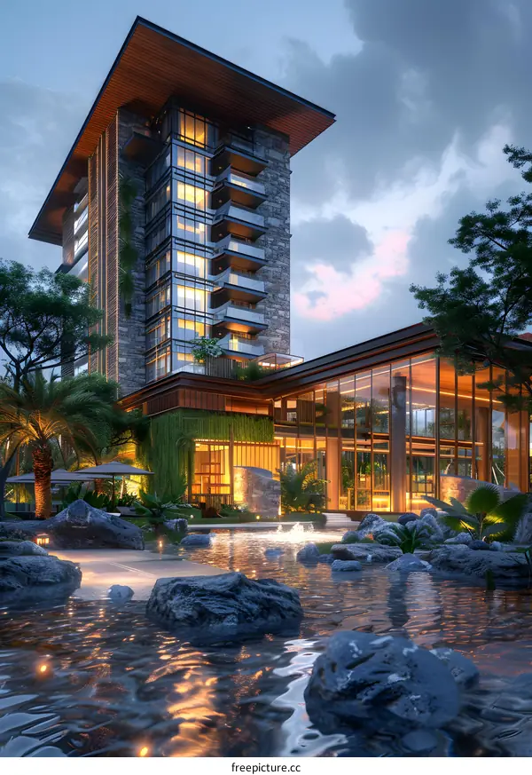 Modern hotel with palm trees