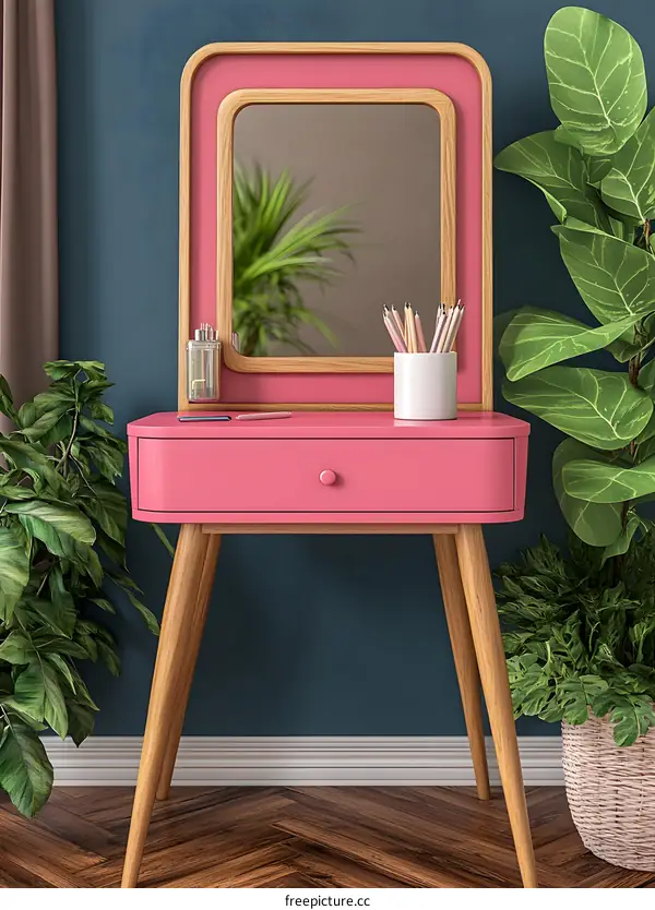 Pink Vanity Table with Mirror and Plants