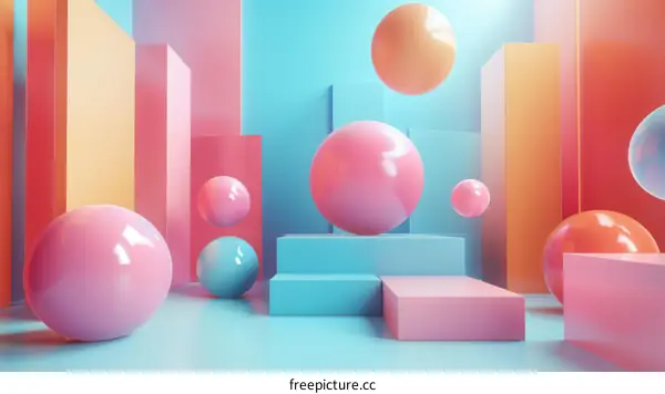 Pink and blue pastel podiums and spheres abstract background