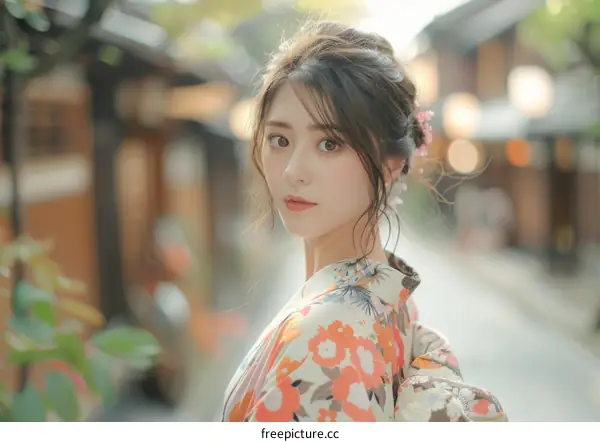 Beautiful Japanese Woman in Traditional Kimono Dress Looking Away in the Street