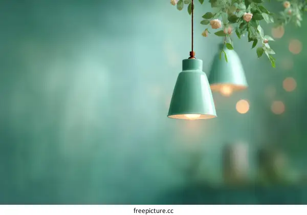 Soft Teal Hanging Lamps Against a Teal Background
