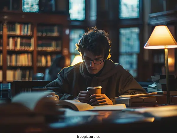 Young male student studying in a library