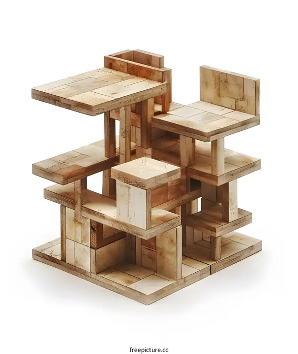 Wooden Architectural Model on White Background