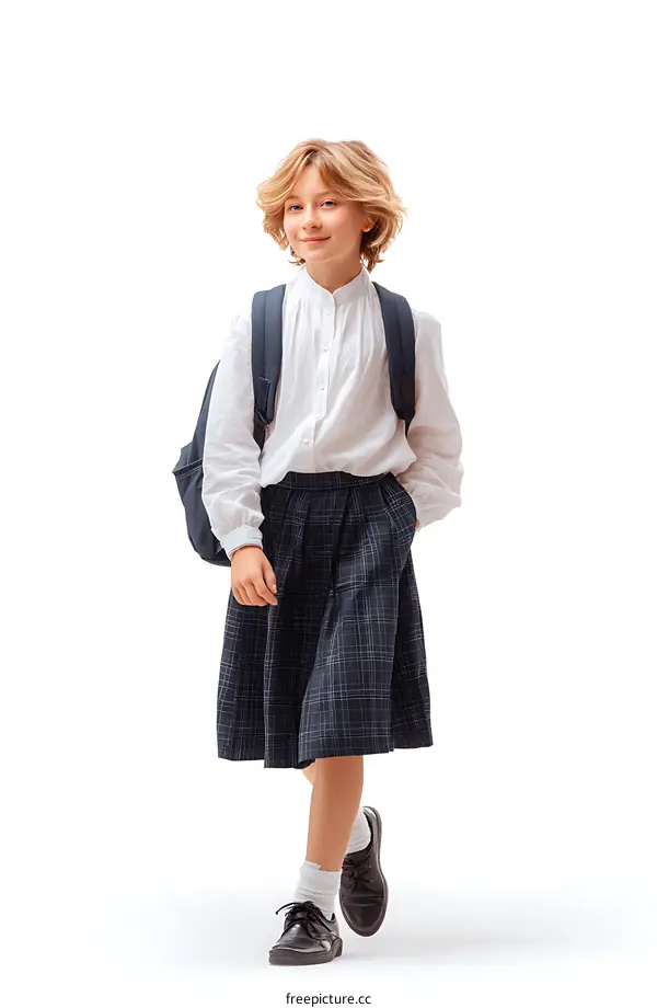 Schoolgirl in Uniform Walking with Backpack