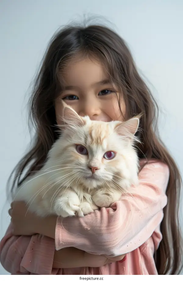 A girl hugging a white cat