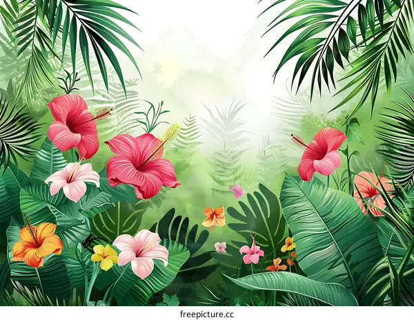 Tropical Flowers and Leaves Illustration