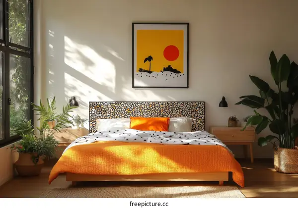 Modern Bedroom Interior with Vibrant Orange Bedding