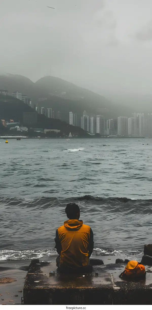 Man Sitting On The Coastline In Front Of Cityscape In The Distance